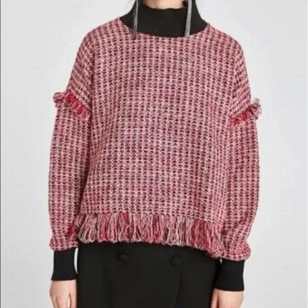Zara Red Black Mock-Neck Tweed Fringe Pullover Sweater - Picture 7 of 9